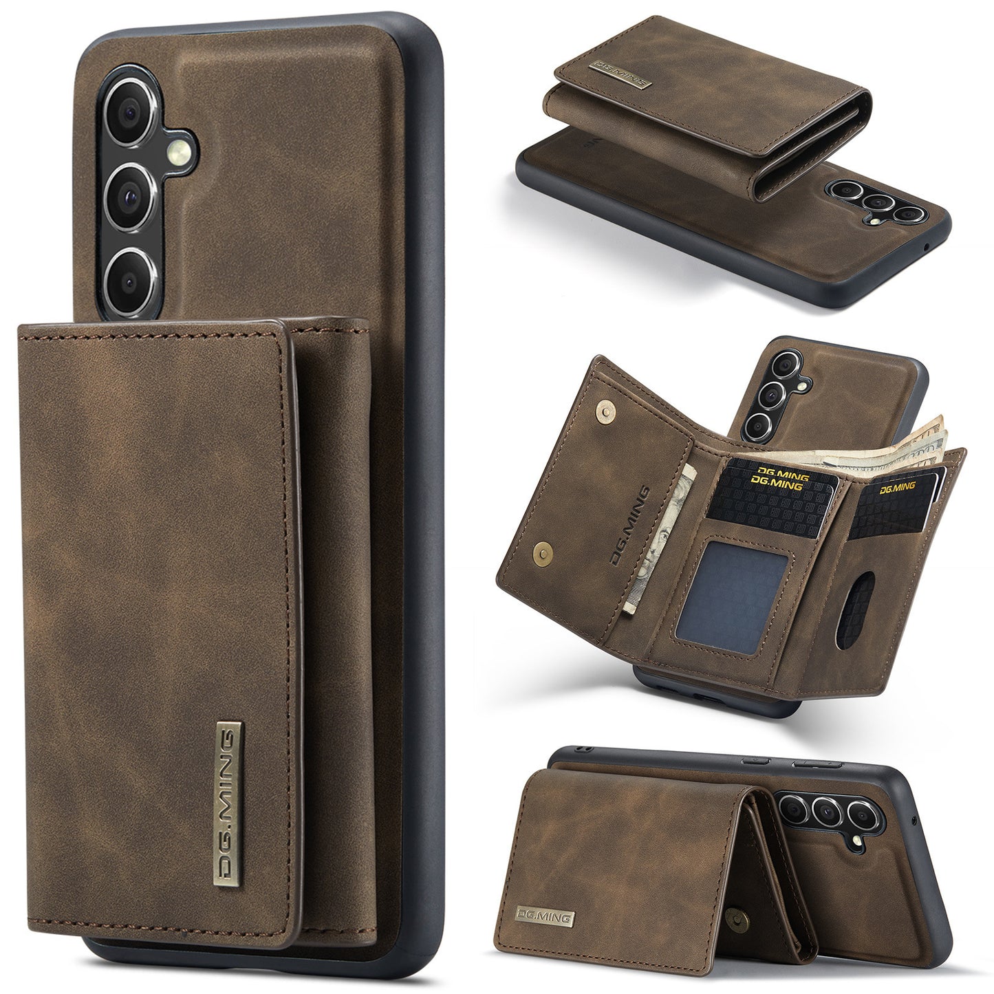 Brown split wallet phone case for multiple brands with card slots and a flap design
