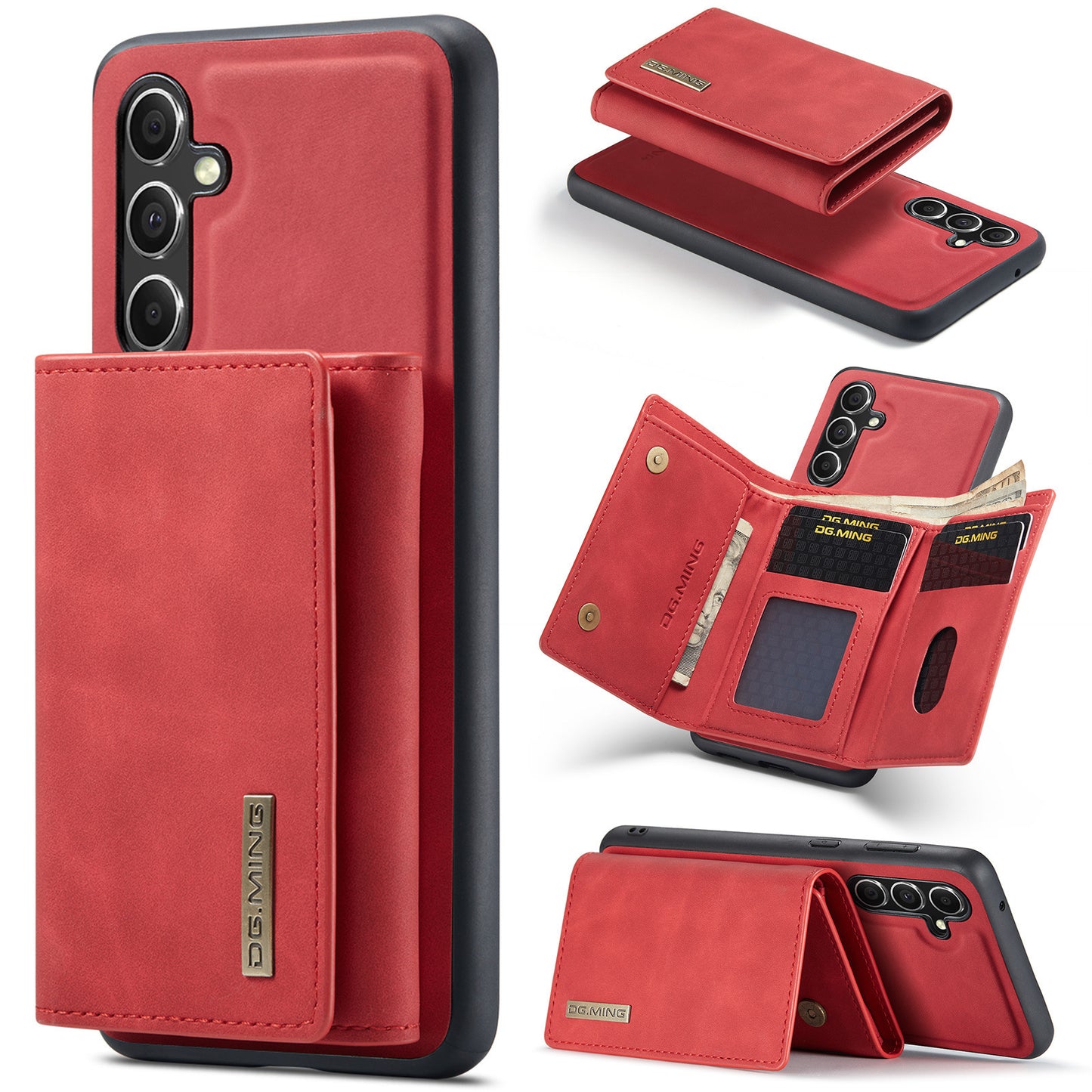 Red split wallet phone case for multiple brands with card slots and durable design