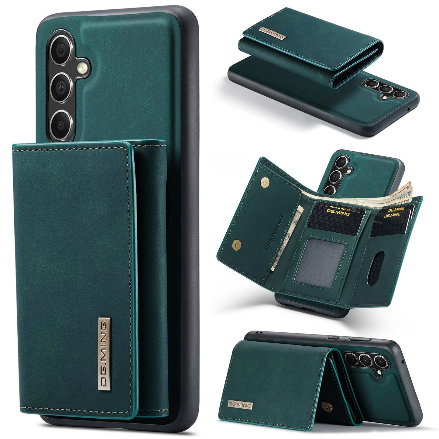 Teal split wallet phone case for multiple brands with card slots and cash pocket design
