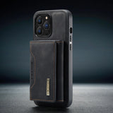 Detachable phone wallet with card slots attached to smartphone, made of sleek black leather