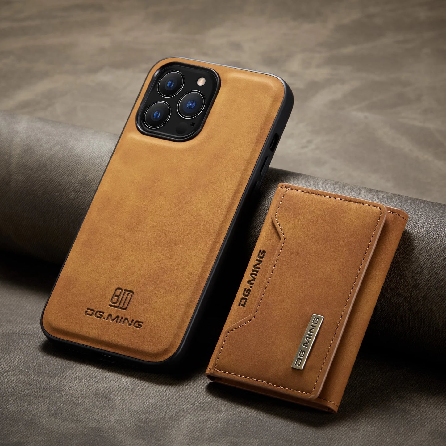 Stylish detachable phone wallet with card slots in tan leather, designed for versatile smartphone use
