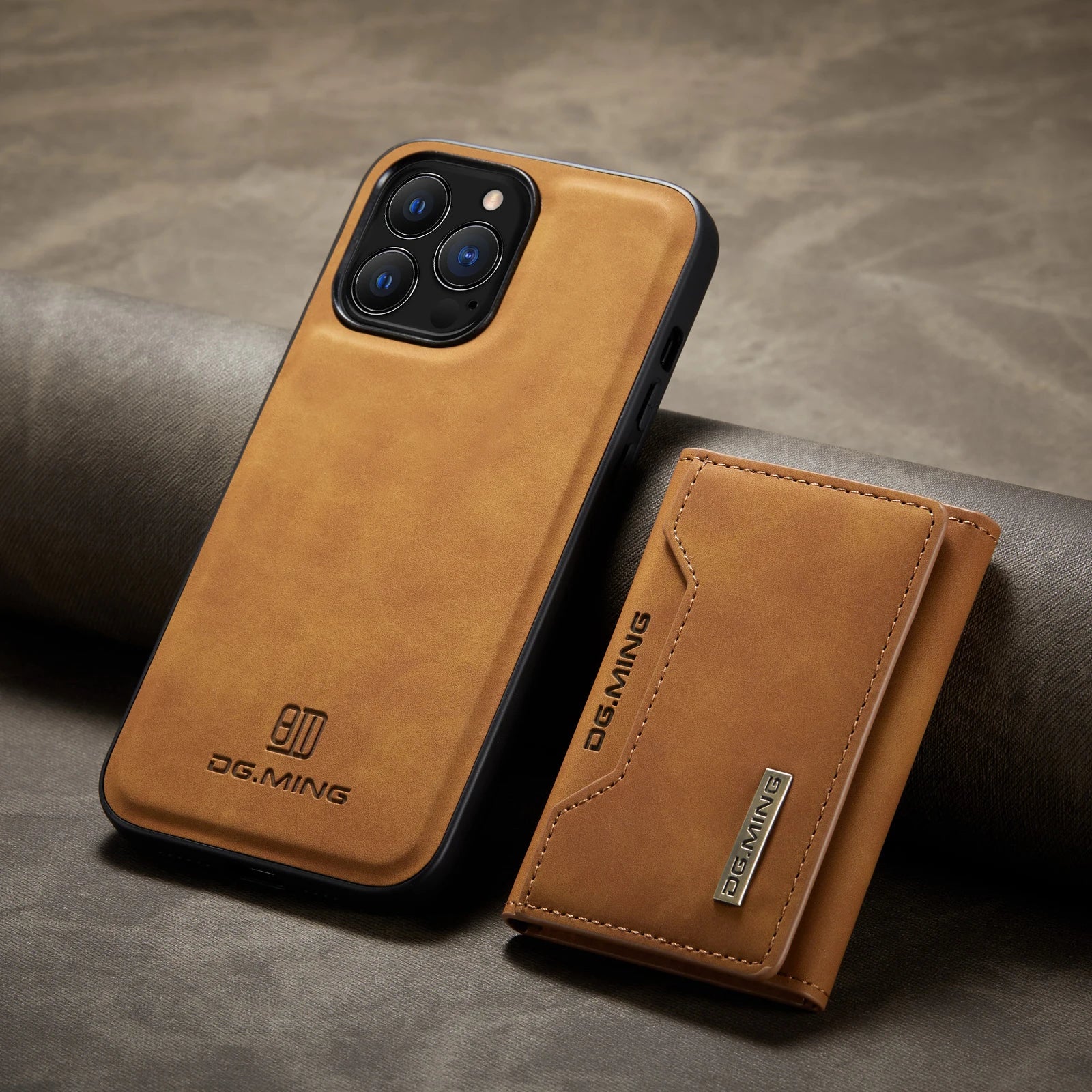 Stylish detachable phone wallet with card slots in tan leather, designed for versatile smartphone use