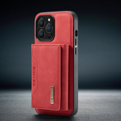 Red detachable phone wallet with card slots attached to a smartphone for convenient storage