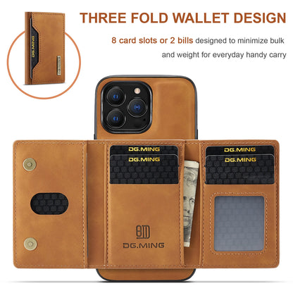 Brown detachable phone wallet with card slots, featuring three fold design and eight card slots for everyday use