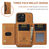 Brown detachable phone wallet with card slots, featuring three fold design and eight card slots for everyday use