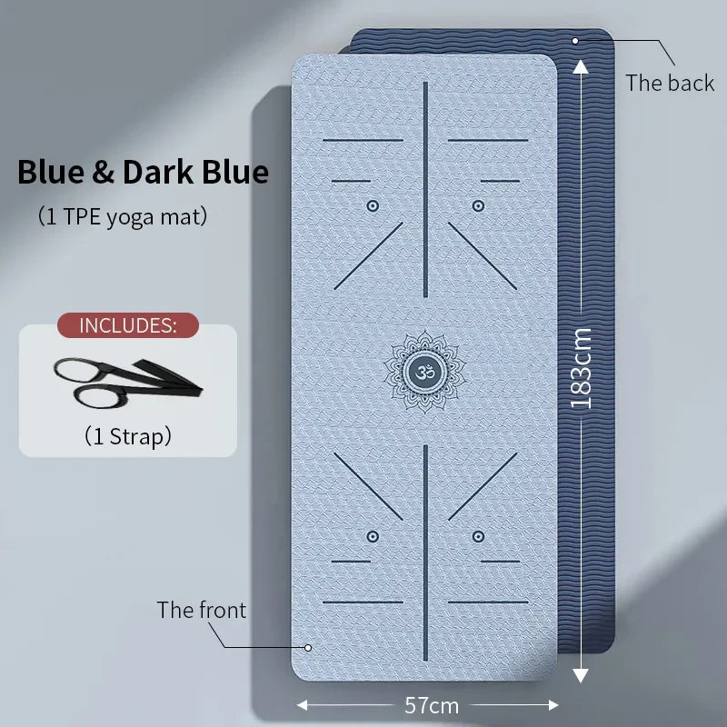 Blue and dark blue eco-friendly yoga mat for women with measurements and included strap