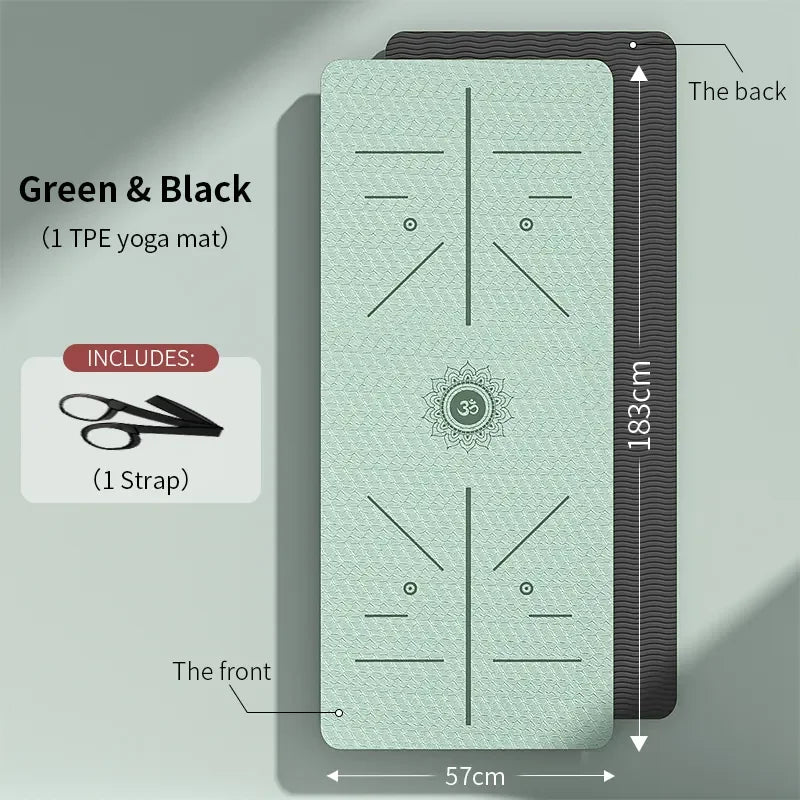 Green and black eco-friendly yoga mat for women featuring measurement guides and a carrying strap