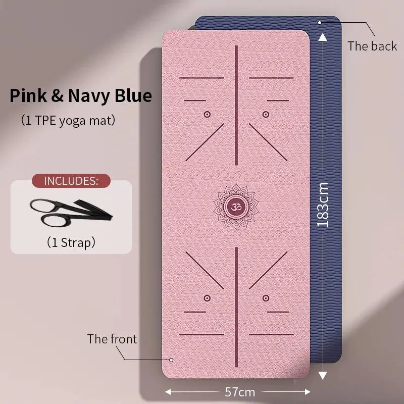 Pink and navy blue eco-friendly yoga mat for women with alignment guides and includes one strap