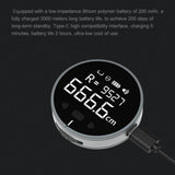 digital tape measure displaying measurement on screen with charging cable plugged in high precision electronic ruler