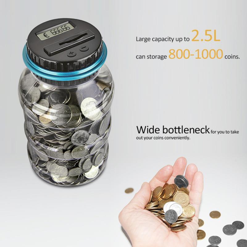 Electronic coin counter jar with a large 2.5L capacity for storing 800-1000 coins