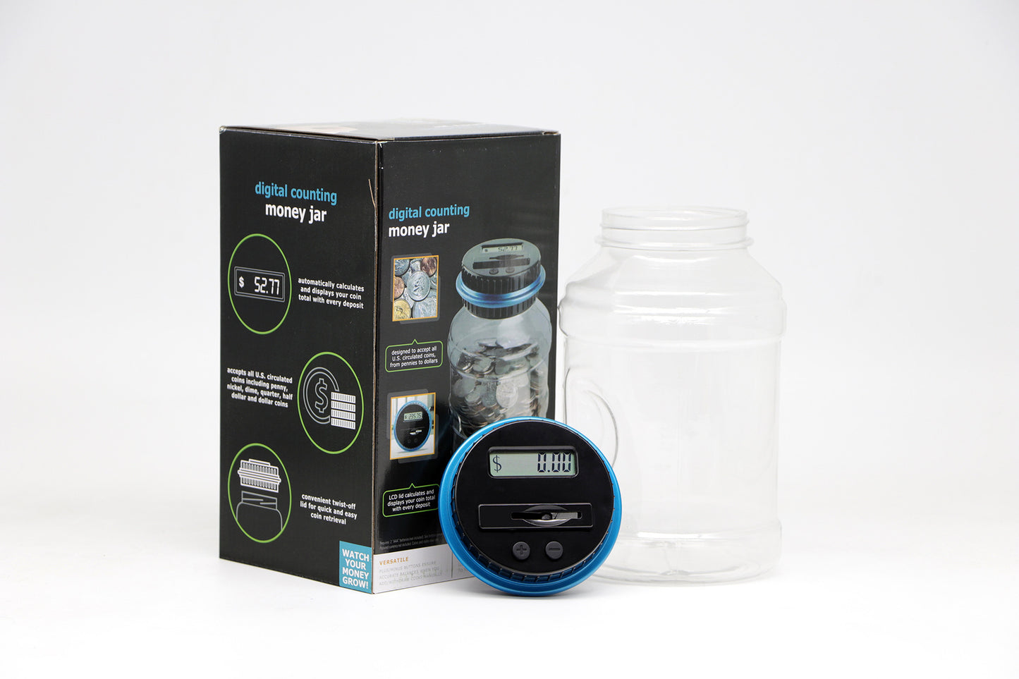 electronic coin counter jar with digital display and storage for coins and cash