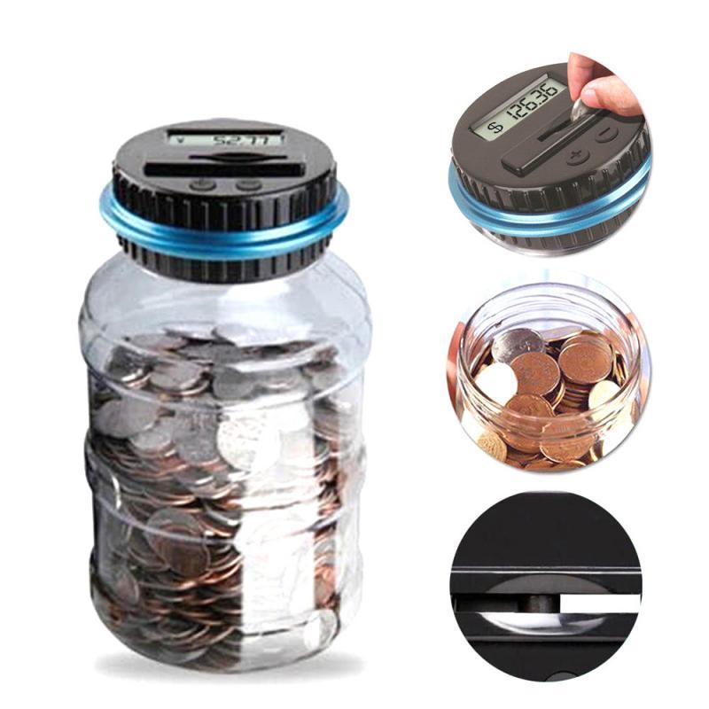 Clear electronic coin counter jar with LCD display for easy coin counting and storage