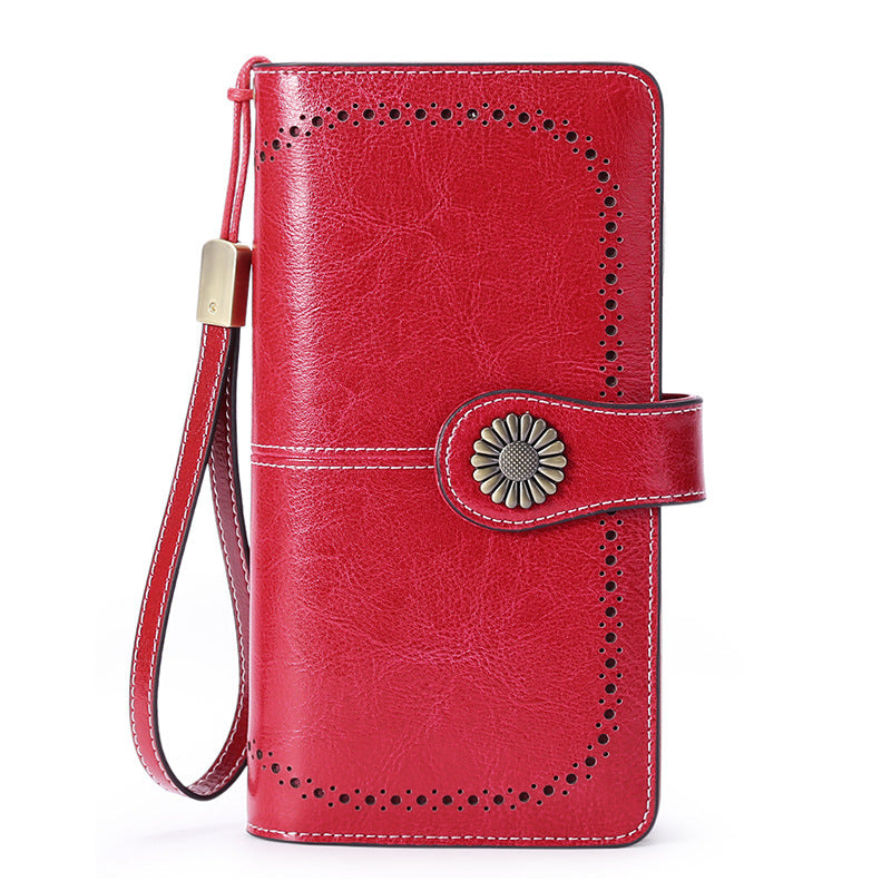 StoreFour elegant leather wallet for women mobile phone case in red with wrist strap and floral clasp