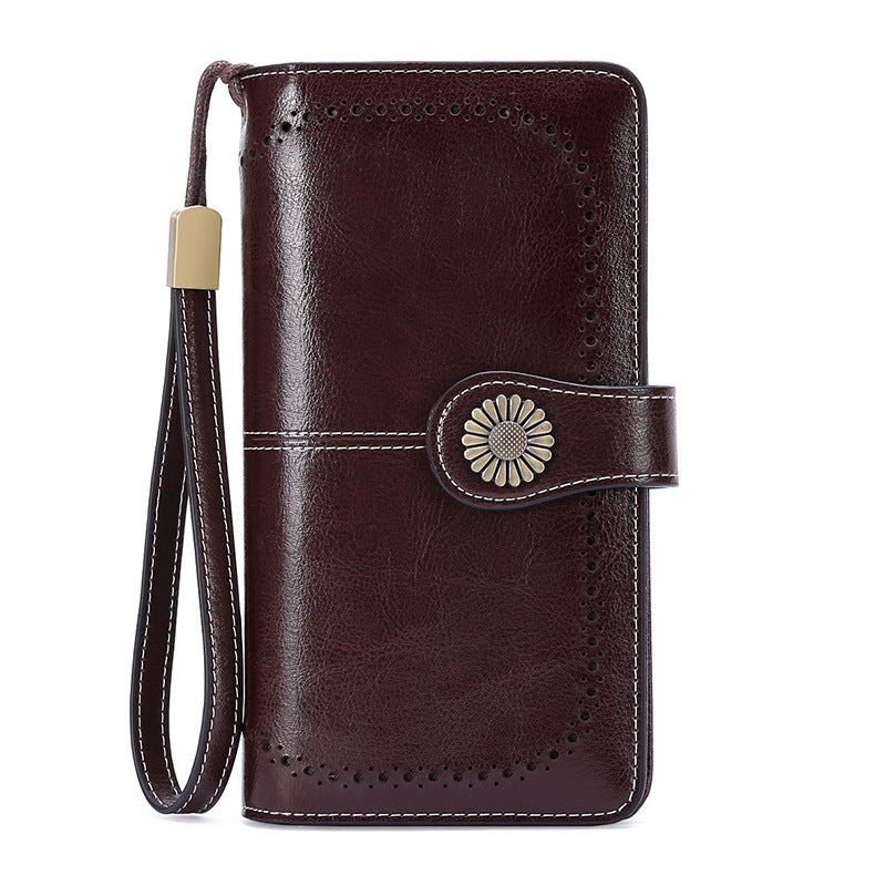 Elegant leather wallet for women mobile phone case in dark brown with wrist strap and decorative button