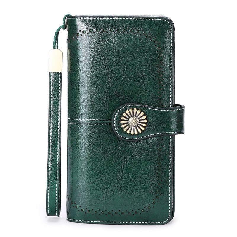 StoreFour elegant leather wallet for women mobile phone case in dark green with floral snap closure