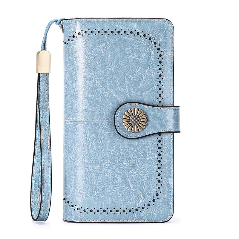 StoreFour blue elegant leather wallet for women phone case with wrist strap and decorative button closure