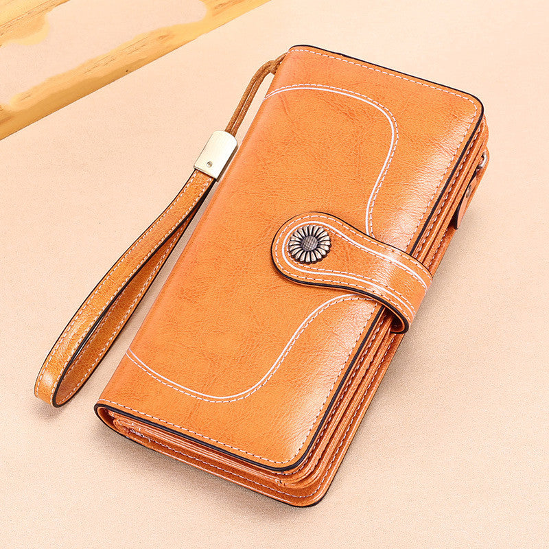 StoreFour elegant leather wallet for women mobile phone case in tan with wrist strap and button closure