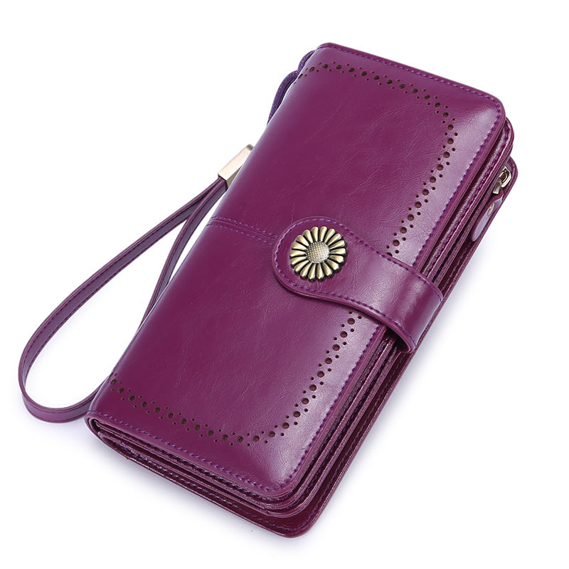 StoreFour elegant leather wallet for women mobile phone case in purple with wrist strap and decorative button