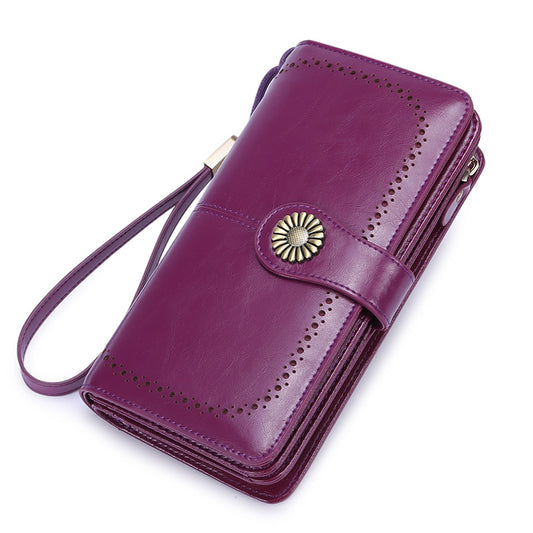 StoreFour elegant leather wallet for women mobile phone case in purple with wrist strap and decorative button