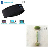 bluetooth elastic sleep eye-mask with headphones mic for side sleepers. Black headband and jade roller