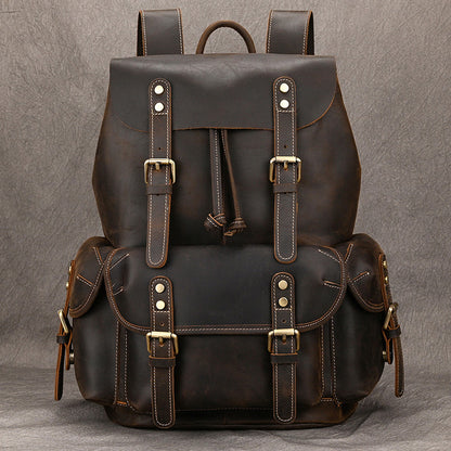 First-layer cowhide adventure backpack with multiple pockets and stylish vintage design