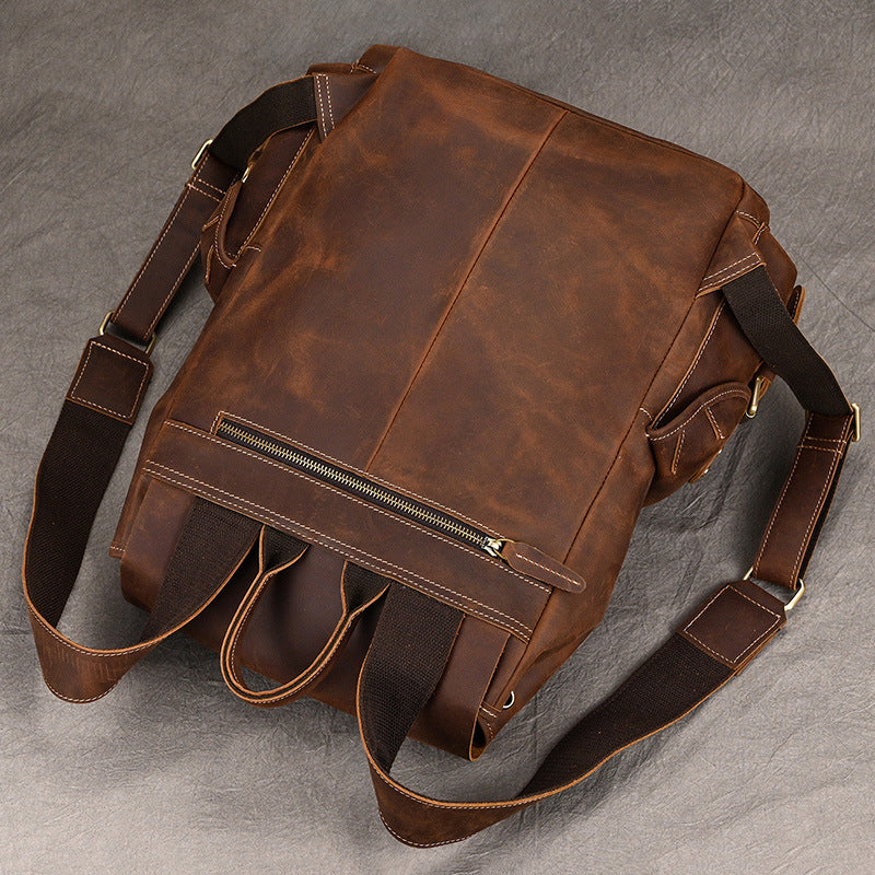 first-layer cowhide adventure backpack in brown with adjustable straps and spacious design