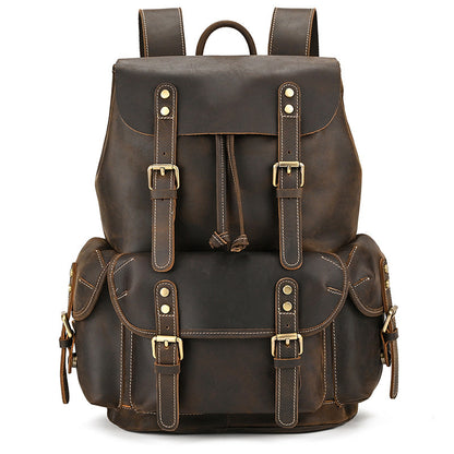 first-layer cowhide adventure backpack with multiple pockets and sturdy leather design for outdoor activities