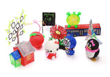 Creative toys and art made with four-colour 3D printing drawing pens for kids, showcasing various designs