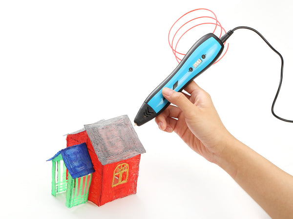Person using four-colour 3D printing drawing pens for kids to create a colorful model house