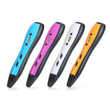 Four-colour 3D printing drawing pens for kids in blue, pink, white, and orange with ergonomic design