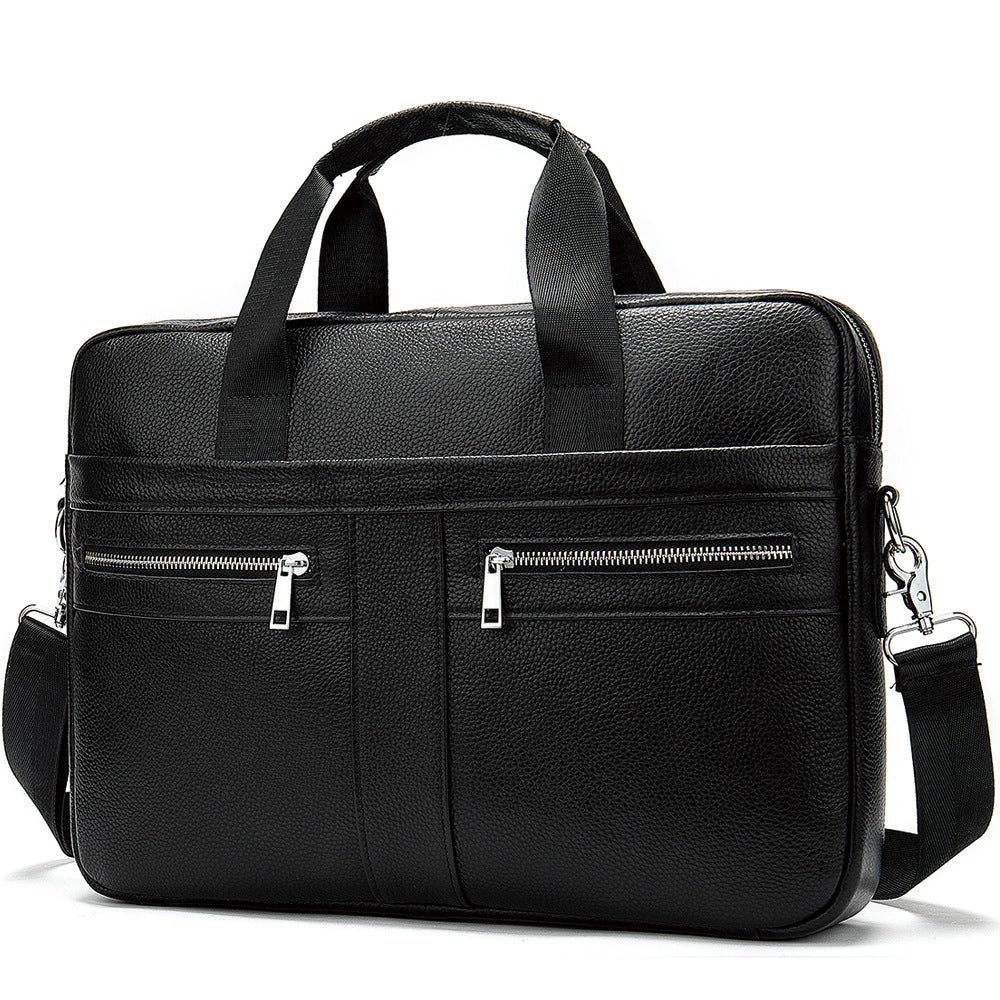 genuine leather business bag for men in black with multiple zippered pockets and adjustable shoulder strap