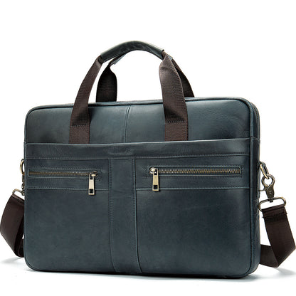 genuine leather business bag for men in dark color with dual handles and zippered front pockets