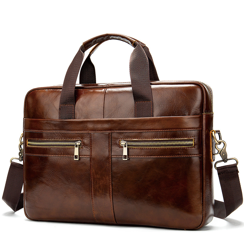 genuine leather business bag for men in brown with multiple zippered pockets and adjustable shoulder strap