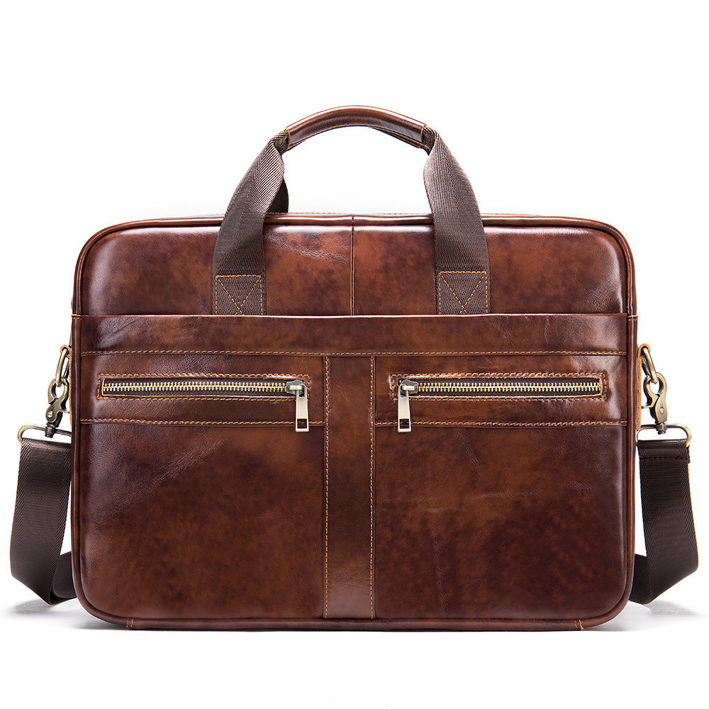 genuine leather business bag for men in brown with dual front zippered pockets and shoulder strap