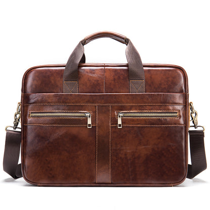 genuine leather business bag for men in brown with dual front zippered pockets and shoulder strap