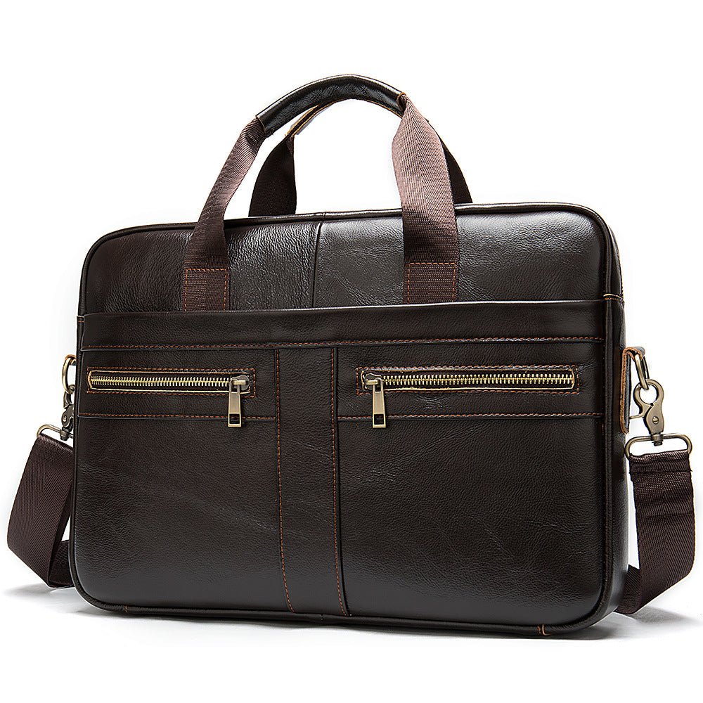 genuine leather business bag for men in dark brown with dual zippered front pockets and adjustable strap