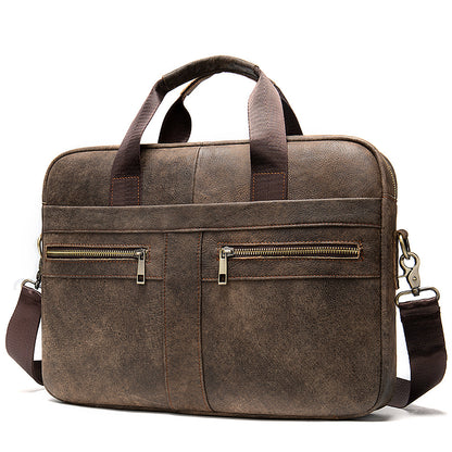 genuine leather business bag for men with dual front zippered pockets and detachable shoulder strap