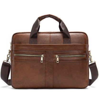 genuine leather business bag for men in brown with dual front zip pockets and shoulder strap