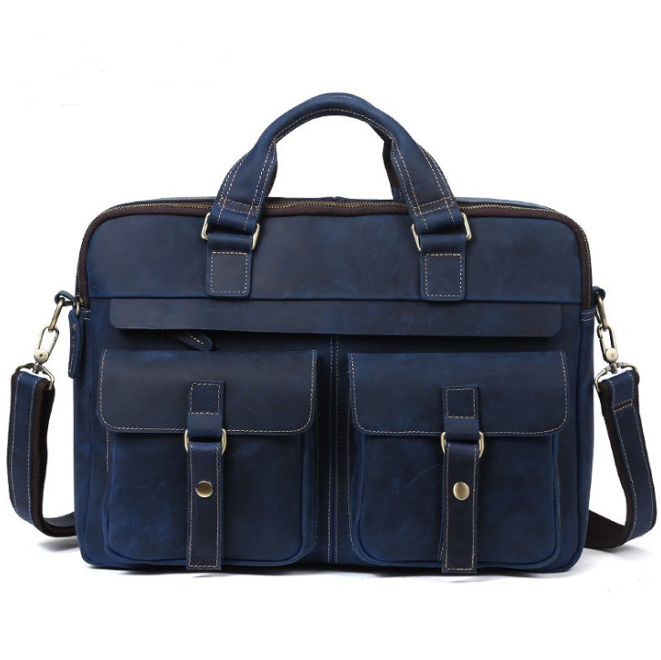 Stylish 15.6-inch genuine cowhide leather business bag in blue with multiple pockets for organization