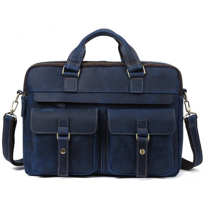 Stylish 15.6-inch genuine cowhide leather business bag in blue with multiple pockets for organization