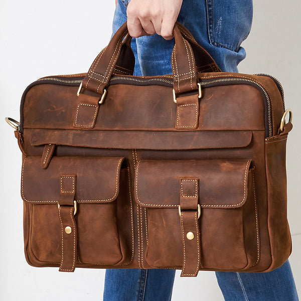 15.6-inch genuine cowhide leather business bag with two front pockets and sturdy handles
