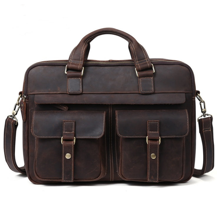 15.6-inch genuine cowhide leather business bag with multiple pockets and adjustable strap