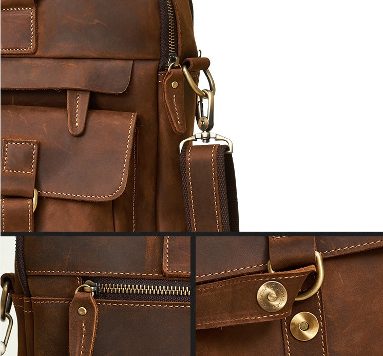 Close-up of a 15.6-inch genuine cowhide leather business bag with pockets and zippers