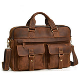 15.6-inch genuine cowhide leather business bag with multiple front pockets and adjustable strap