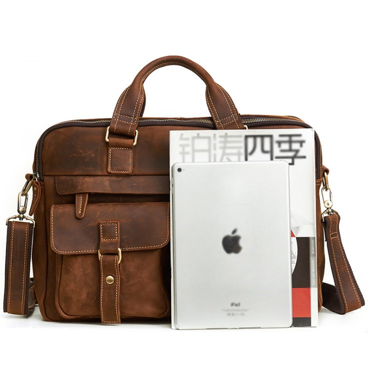 15.6-inch genuine cowhide leather business bag with front pocket and laptop compartment