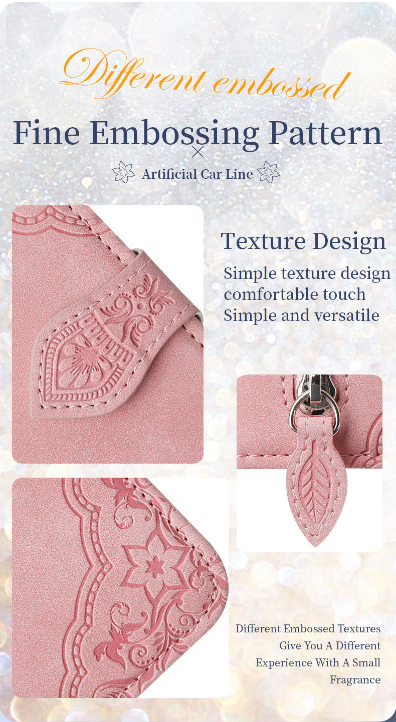 Google Pixel 7 zipper wallet case in pink with fine embossed pattern and textured design for comfort