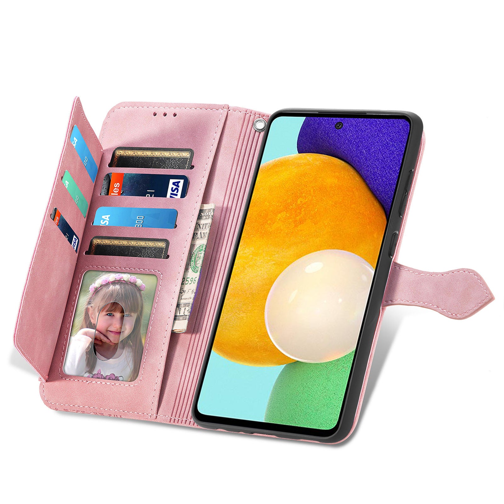 Google Pixel 7 zipper wallet case in pink with card slots and photo pocket for stylish protection