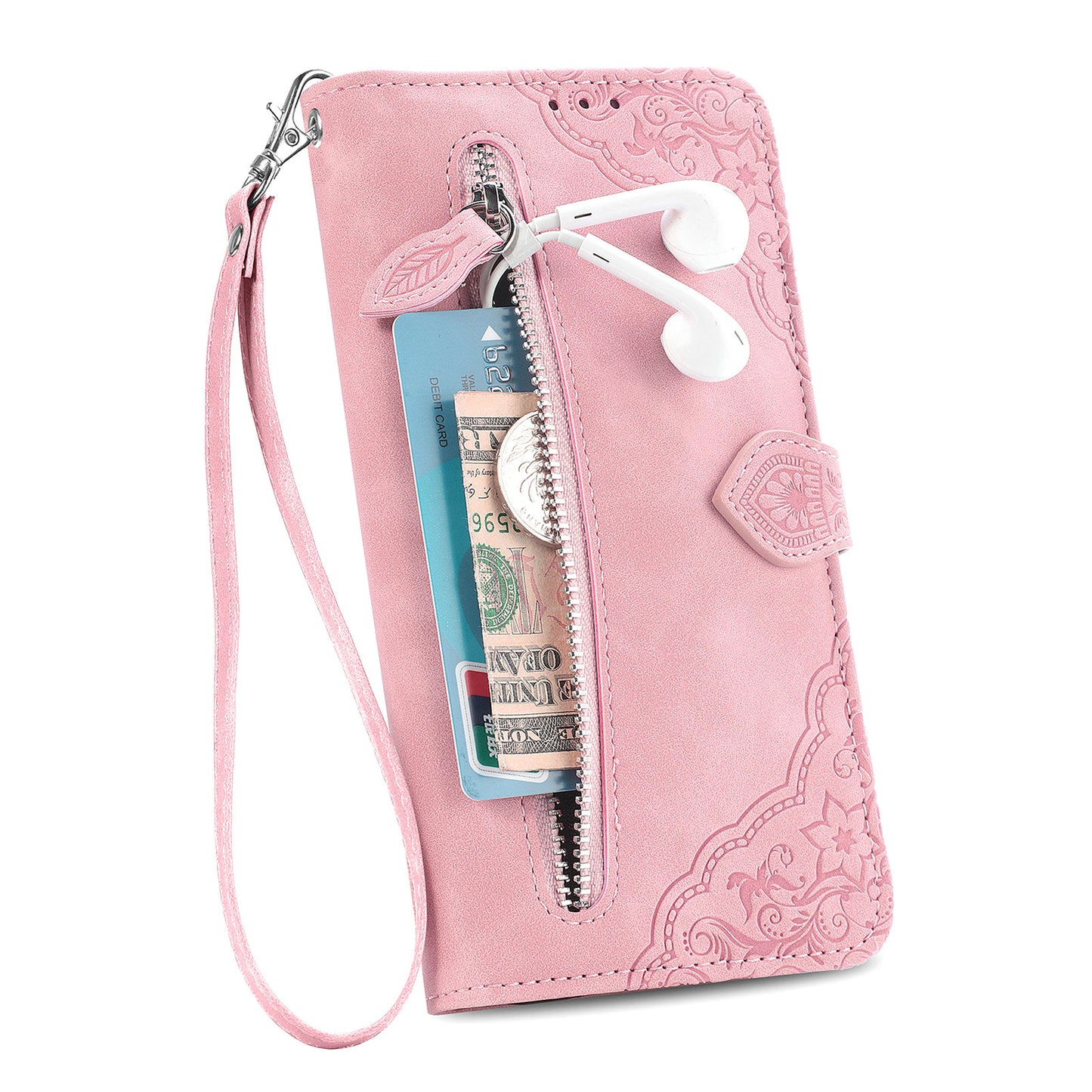 Stylish pink Google Pixel 7 zipper wallet case with card slots and a wrist strap for convenience