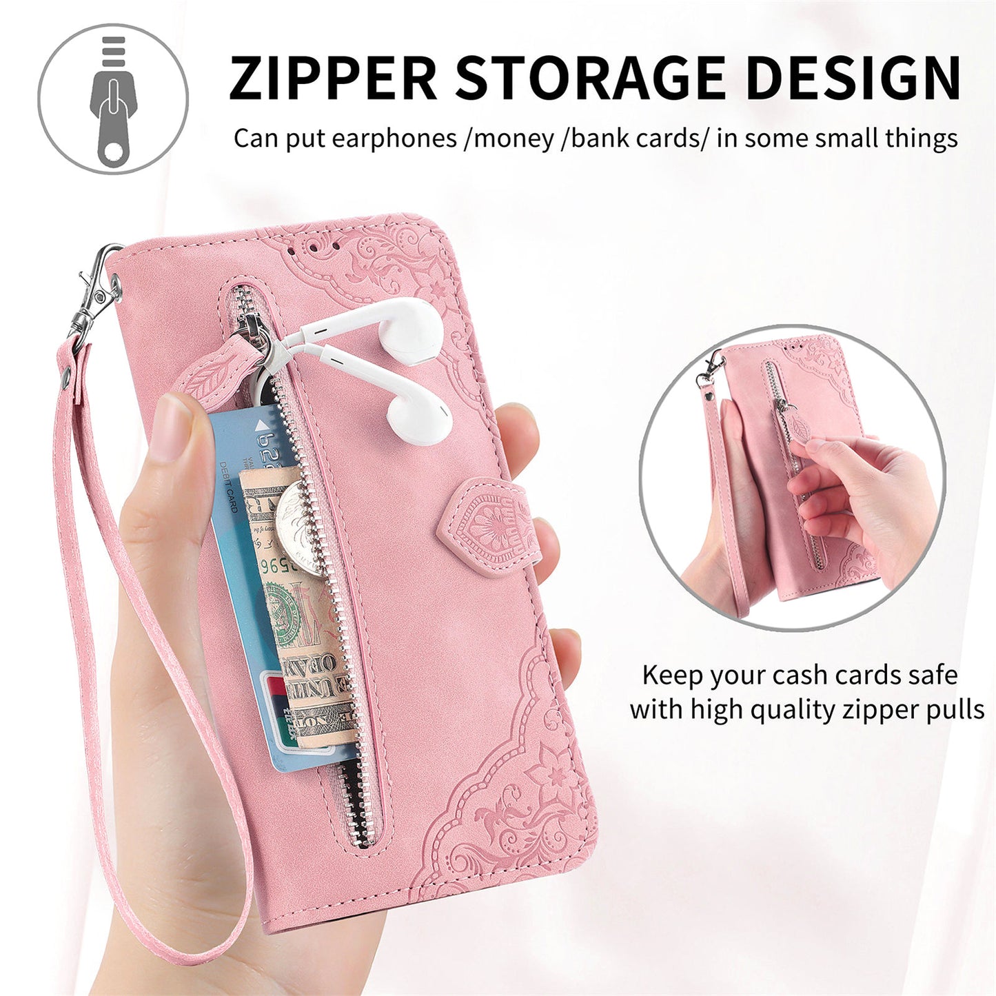 Pink Google Pixel 7 zipper wallet case featuring zipper storage for cash and cards