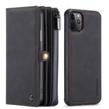 Handmade leather phone wallet in black featuring multiple card slots and a protective case